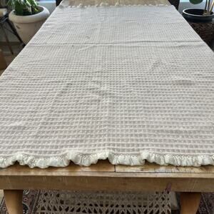 Unbranded Waffle Weave Blanket Satin Ruffle Trim Cream White 63"x70”